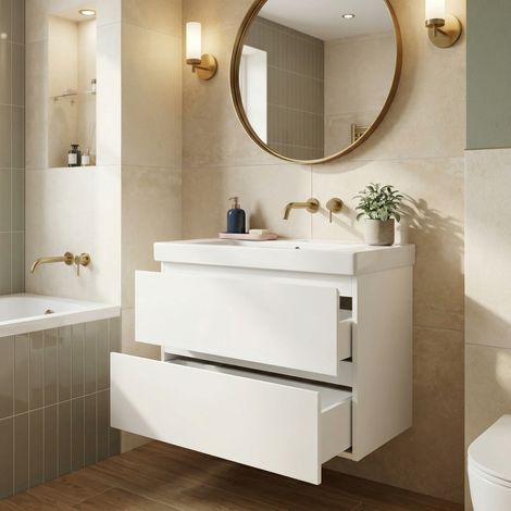 B-Way 79x50x45 cm mobile da bagno sospeso 2 cassetti con lavabo in ceramica, bianco lucido (BWAY280WU1BI)