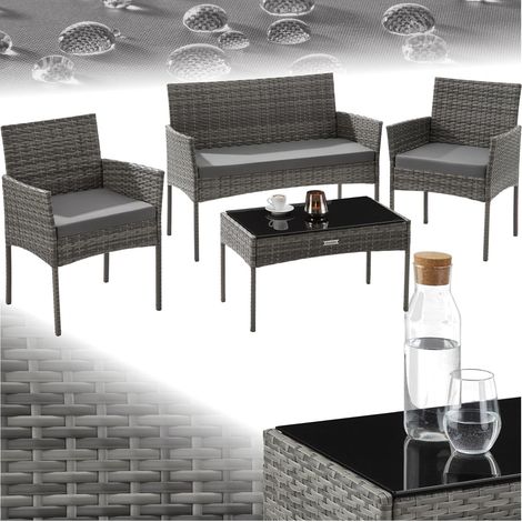Ensemble salon de jardin résine tressée, banc, 2 chaises et table en verre, coussins inclus (1/5)