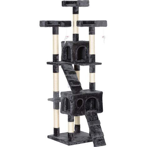 Arbre à chat XXL gris avec niches, échelles et jouets suspendus 50x50x170 cm (1/5)