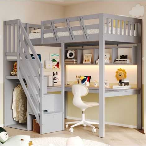 Letto a soppalco per bambini 90x200 cm in legno grigio con scrivania – MEUBLIV (1/5)