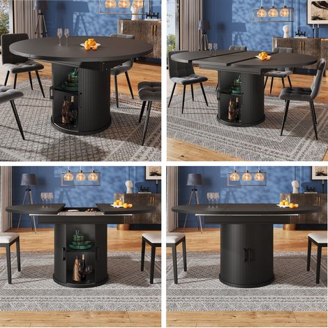 Table à manger ronde extensible ovale 118-158 cm capacité 6 personnes pieds croisés aspect noyer / noir
