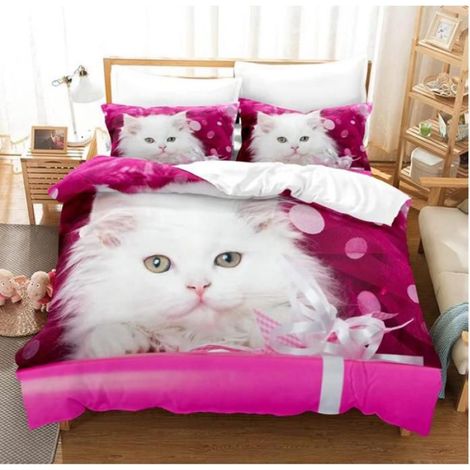Parure de Lit Chat Imprimé Motif 200x200cm Housse de Couette avec 2 Taies d'oreiller 3D Animal Literie en Microfibre,rose - AXF (1/3)