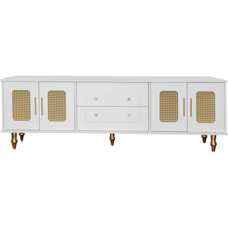 Meuble TV Avec Poignées Dorées, Grand Espace De Rangement, Porte En Rotin Et Pieds Métalliques (1/5)