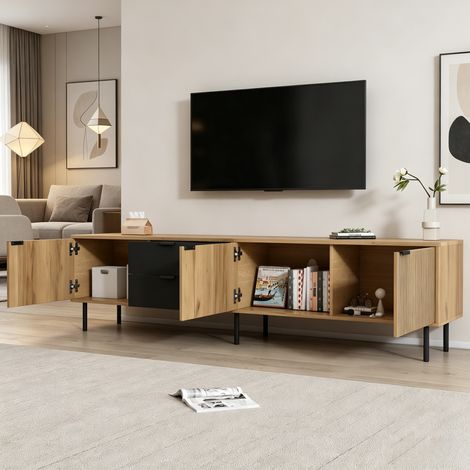 Meuble TV 208x40x48 cm pour salon, 2 tiroirs, 3 placards, passe-câbles, panneaux de particules noir et naturel (1/5)