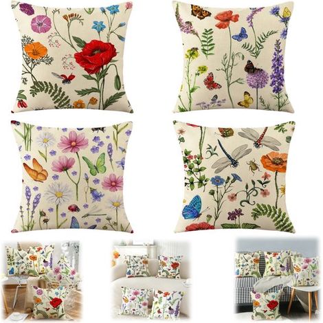 Housse de coussin décoratif housse de coussin d’assise. Motifs papillons et fleurs. Impression recto. Convient pour canapés terrasses balancelles et lits (45 x 45 cm (1/5)