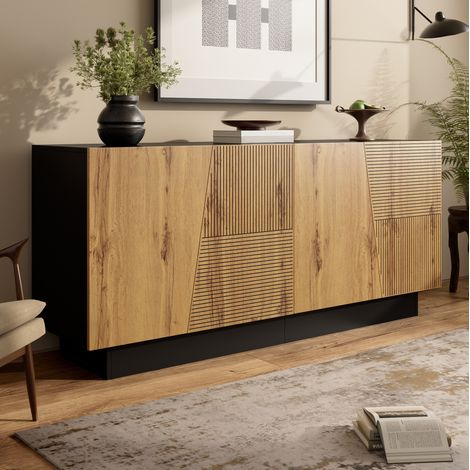 Aparador de cocina de 160 cm con 4 puertas, mueble de almacenamiento con estantes ajustables, madera negra natural (1/5)