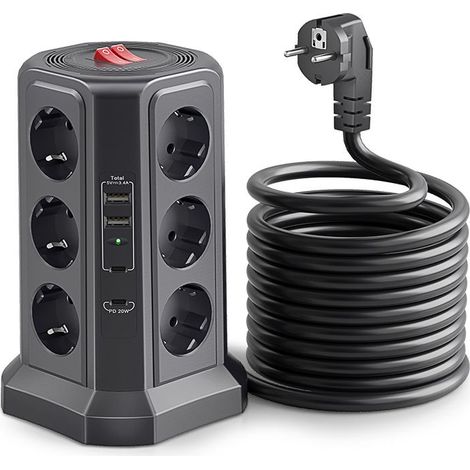 Multiprise avec Interrupteur, Tour Multiprise 12 Prises et 4 USB（2 USB-A&2 USB-C, 1.5M Câble à la Maison et au Bureau - noir (1/3)