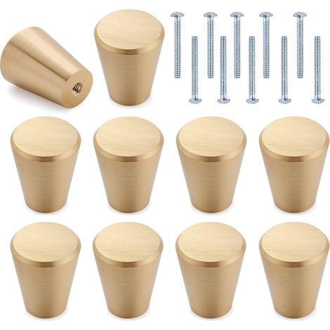 10 Stück Türknöpfe aus goldfarbenem Messing, konischer Einlochgriff 20 x 22 mm für Kommoden, Kleiderschränke, Möbel und Schränke, elegant