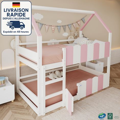 Lit superposé enfant 90 x 200 cm en bois, design maison avec barrières de sécurité, échelle frontale et porte battante, Rose/Blanc (1/5)