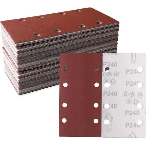 Lot de 100 feuilles abrasives 93 x 185 mm - Papier abrasif carré auto-agrippant 8 trous - 240 grains assortis - le polissage et l'élimination de la rouille (1/5)