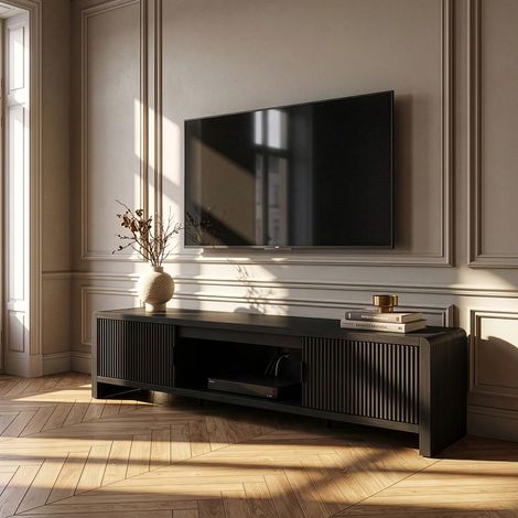 Mobile TV Lukkodso con 2 Ante e Vano Centrale Aperto 150x40x40 cm Effetto Legno Nero [en.casa] (1/5)