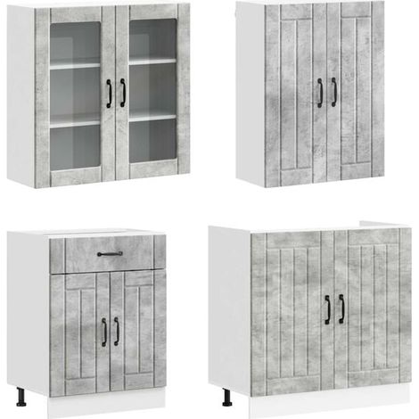 Ensemble de Cuisine 8 Pièces, Unités de Rangement avec Plan de Travail en Bois d'Ingénierie, Finition Gris Béton, Design Moderne et Robuste pour Cuisines Compactes (1/5)