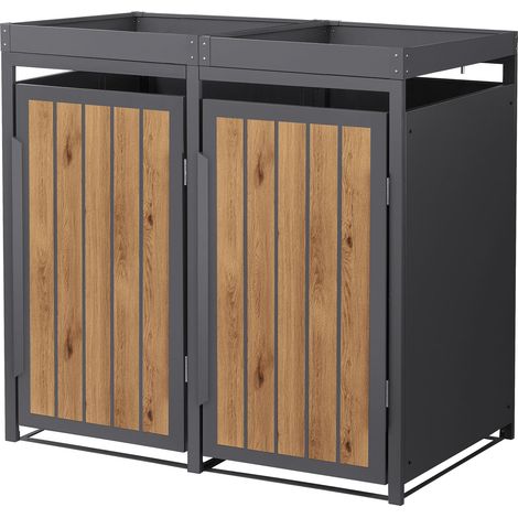 ML-Design Mülltonnenbox 2er mit Pflanzdach, Mülltonnenverkleidung für 2 Tonne, 240L, 132x80x124 cm, Anthrazit-Holzoptik, aus Stahl, wetterfest, Müllbox mit Tür, Mülltonnecontainer Mülltonnenabdeckung (1/5)