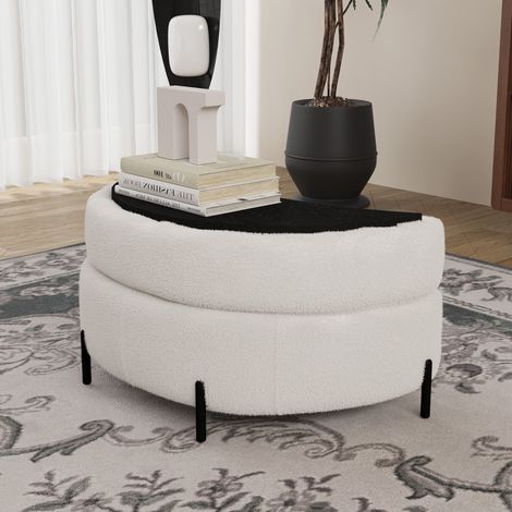 Tabouret de rangement en forme de croissant, recouvert de sherpa, avec plateau, servant de table d'appoint, de siège rembourré, de tabouret à chaussures et de repose-pieds pour le salon (1/5)