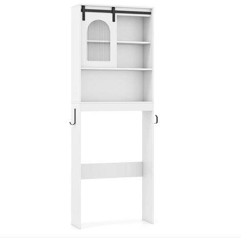 Armoire de Rangement Au-dessus des Toilettes, Organisateur de Salle de bain Ferme, Porte Coulissante Grange, Porte-papier, Étagères Ouvertes, Blanc (1/5)