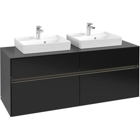 Meuble de rangement VB WTUS Collaro C076B0 1400 x 548 x 500 mm avec éclairage, 4 tiroirs pour 2 personnes, laque noire mate.