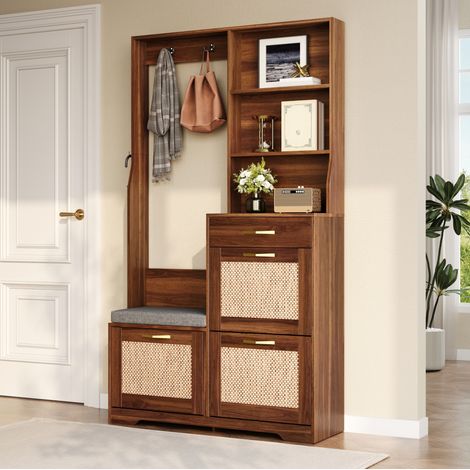 Mobile da ingresso 100x30x170 cm in MDF marrone con contenitore salvaspazio (1/5)