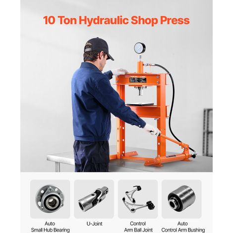 Presse d'Atelier 10 T, Presse Hydraulique à Cadre en H, avec Plaque de Pressage et  Soupape de Décharge, Hauteur Réglable, Adaptée au Pliage, au Redressage, Emboutissage, Garage, Orange (1/5)