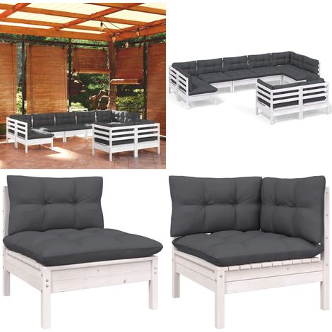9-tlg. Garten-Lounge-Set mit Kissen Weiß Kiefer Massivholz - Garten Lounge Set - Kiefernholzmöbel - Outdoor Möbel - Gartengeräte - Loungemöbel - Home & Living (1/5)