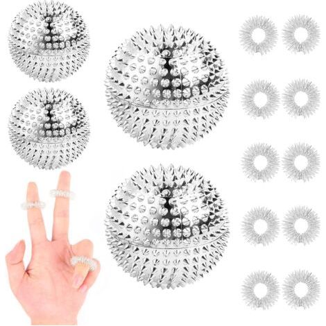 Set mit 4 Akupressurkugeln und 10 Akupressurringen – Magnetische Akupressurringe mit Noppen – Metall – Kleine Noppen – Massageringe zur Stresslinderung – Silber (1/5)