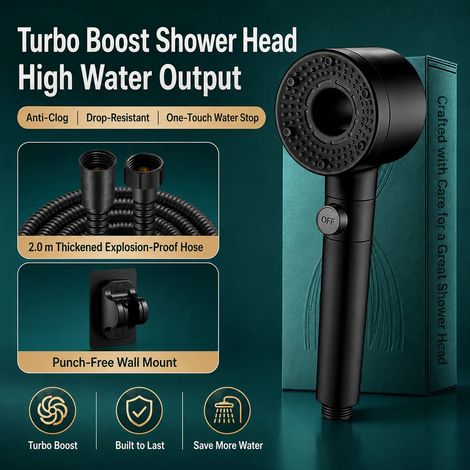 (Ensemble de douche noir 2) Pommeau de douche haute pression Turbo Fan avec filtre, douchette à main économique en eau, jet à arrêt automatique pour salle de bain (1/5)