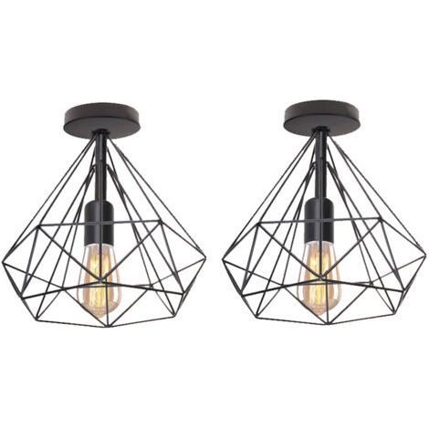 royaluxe- 2PCS Lampe De Plafond Rétro Vintage En Forme De Diamant 25CM (Noir) Plafonnier Industriel En Métal Et Fer E27 Pour Restaurant Et Café (1/5)