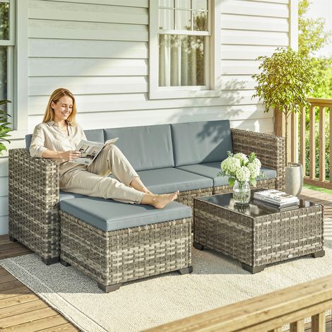 Conjunto de Jardín Exterior de Ratán 5 Piezas con Cojines 2 Sillones de Esquina Sillón sin Brazos Reposapiés y Mesa (1/5)