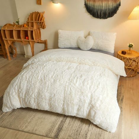 Parure de lit 3 pièces en Fausse Fourrure à Poils Longs Ultra Douce pour très Grand lit, Ivoire (1 Housse de Couette en Peluche + 2 taies d'oreiller), Fermeture éclair (très Grand lit, Beige) (1/5)