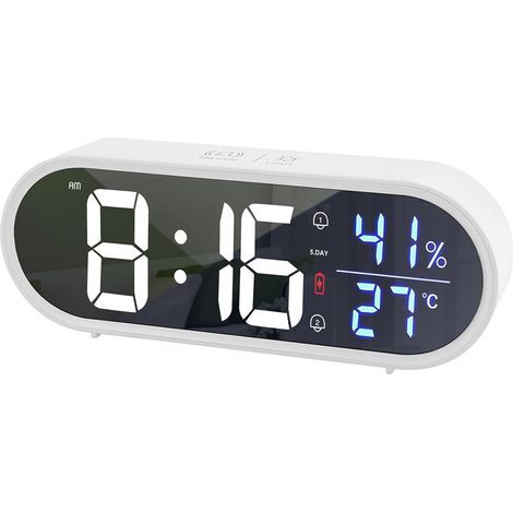 Réveil numérique, réveil miroir portable à LED, réveil de voyage rechargeable USB avec commande vocale, double alarme, répétition, température et humidité, 40 types de sonneries, 5 luminosités, blanc- (1/5)