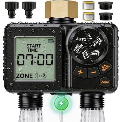 Bewässerungstimer mit zwei Funktionen, 2000 mAh Akku, wasserdicht (IPX6), automatischer Timer, 2,8" LCD-Display, Messinganschluss, Regensensor, automatischer und manueller Betrieb für Garten und Rasen (1/5)