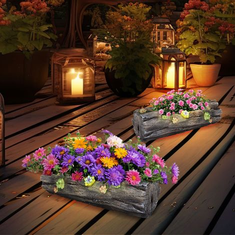 Solar Pflanzgefäß Blumentopf Deko Licht für Haus und Garten in Baumstammoptik, grau antik, 1x LED warmweiß, LxH 44,3x13,5 cm, 2er Set