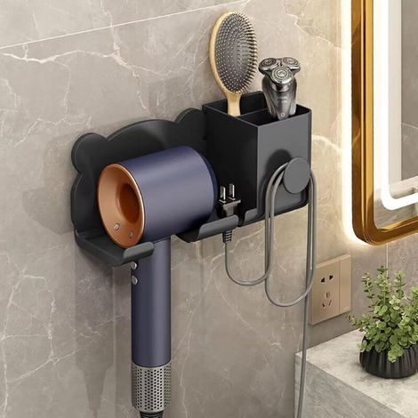 Stück Haartrocknerhalter mit Steckerhalterung und Ablagefach, Wandmontage, für Badezimmer, Schlafzimmer und Hotels (Schwarz) (1/4)