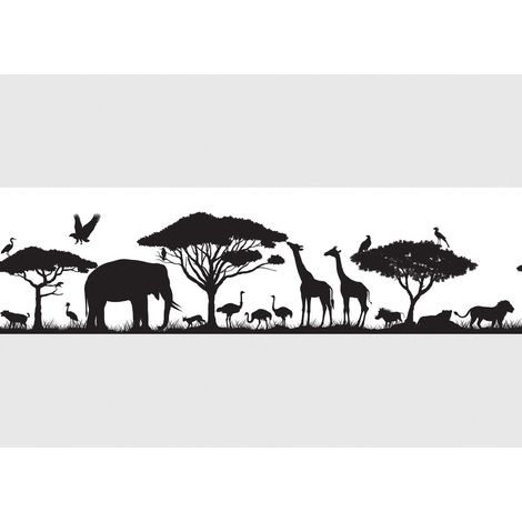 Frise auto-collante safari animaux de la savane noir et blanc