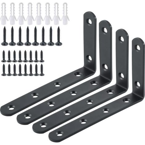 Équerres Étagère de Fixation Murale Console Emboutie en Métal Support d'Angle pour Étagère à Suspendre, 125 mm x 75 mm, Finition Noire Mate en Acier Inoxydable, 4 Pcs, EJ5207B-4P (1/5)