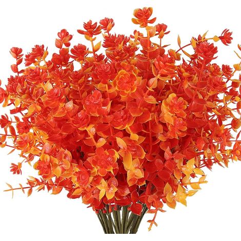 Faux Flowers - UV Resistant Plastic Plants - Outdoor Indoor Decor - Garden Porch Window Box - 12 Bundles - Orange Red (1/4)