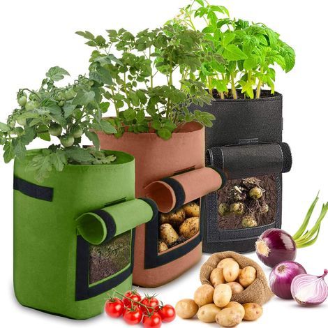 Lot de 3 sacs de culture de pommes de terre 10 sacs épais non tissés avec rabat de fenêtre, poignées, porte-étiquette pour pomme de terre, tomate, carotte (1/5)