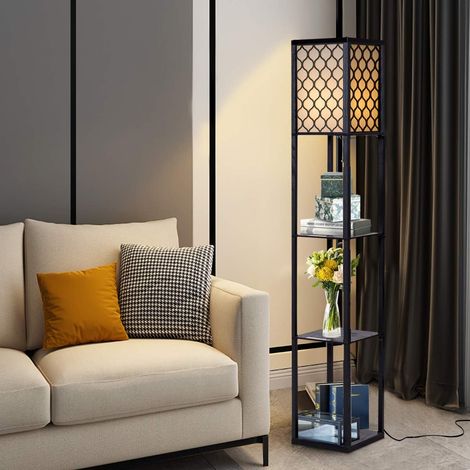 COSTWAY 160x26x26cm Stehleuchte Regal, Standleuchte Holz, E27 Stehlampe, Moderne Innenbeleuchtung mit 3-Ebenen, Bodenlampe fuer Schlafzimmer (1/5)