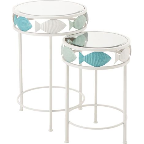 Lot de 2 Tables d'Appoint "Poisson" 59cm Blanc & Bleu (1/4)