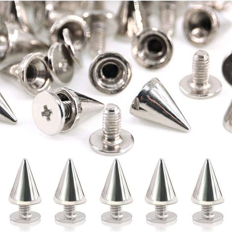 110 paires de clous coniques en forme de balle de 7 mm x 9,5 mm en métal, avec vis de fixation arrière, pour artisanat du cuir DIY, clous cool, clous punk, finition monétaire argentée (1/5)