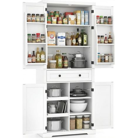 COSTWAY Mobile da cucina alto, 184 cm Mobile dispensa per cucina, credenza con 4 ripiani regolabili, 2 vassoi scorrevoli, 4 ante e cassetto, mobile contenitore indipendente per sala da pranzo (bianco)