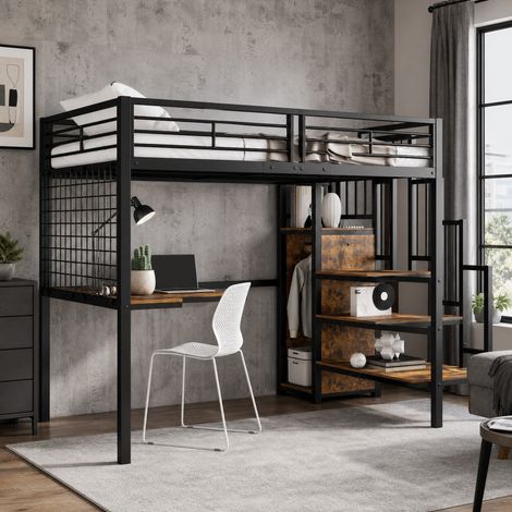 Cama alta infantil 90x200 cm de metal y madera negra, ahorro de espacio, sin colchón -FLORAGRACE (1/5)