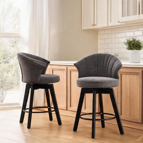 Tabouret de bar rotatif en tissu gris avec dossier en chenille (1/5)