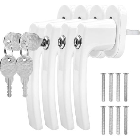 4-teiliger Fenstergriff aus Aluminium mit Schlüssel, abschließbarer Fenstergriff für Kindersicherheit, Türgriff mit Schrauben, mit 2 Schrauben und 2 Schlüsseln pro Griff (weiß) (1/5)