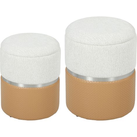 Ensemble de 2 poufs de rangement revêtus de chenille et de polyuréthane, assise rembourrée, pour entrée ou chambre, marron et crème. (1/5)