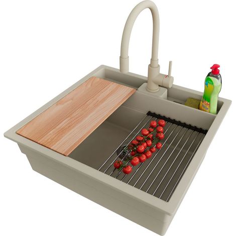 PRIMAGRAN Evier Sous Plan 56x54cm,Evier en Granit 1 bac + Robinet 38x14cm + Kit de Vidage + Accessoires, Évier au meuble 60cm - Bergen Pocket, Beige