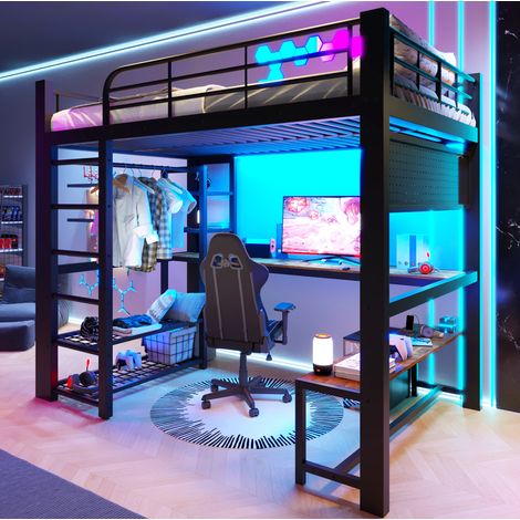 Cama alta 140x200 cm negra de metal con escritorio de madera, LED y estantes (1/5)
