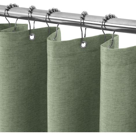 Rideau de Douche Lin avec Anneaux en Métal Imperméable Anti-Moisissures Polyester Tissu Rideau Salle de Bain Lourd pour Baignoire Cabine de Douche - 92x182CM (Vert) (1/5)