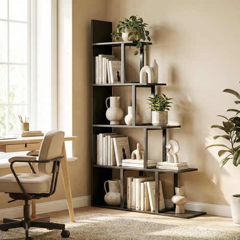 Étagère bibliothèque séparateur de pièce style industriel en escalier 5 étagères 102 x 30 x 160 cm coloris noir