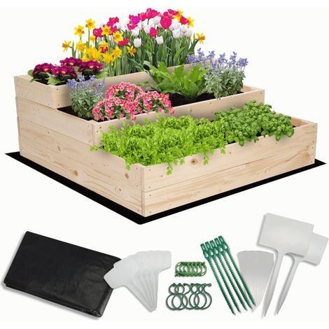 MODO24 Carré potager surélevé en bois, 3 niveaux en cascade, 36x90x93 cm, jardin/terrasse, kit jardinier inclus, naturel