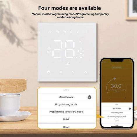 Disponible en une seule couleur : blanc. Matériau : acrylique. Thermostat intelligent WiFi Tuya, panneau acrylique AP.